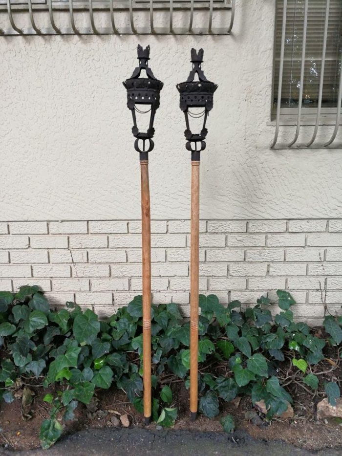 Pair Black French Wrought Iron Candle Lantern On Wooden Stake