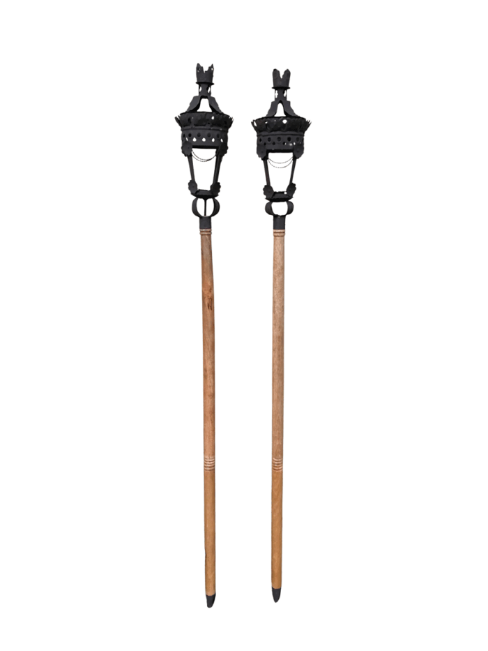 Pair Black French Wrought Iron Candle Lantern On Wooden Stake