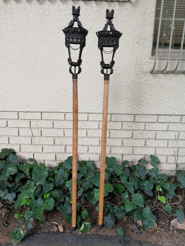 Pair Black French Wrought Iron Candle Lantern On Wooden Stake - Image 2