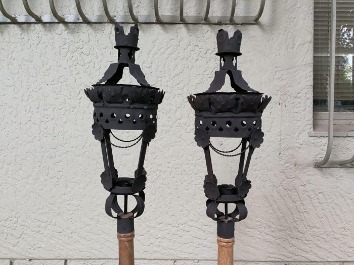 Pair Black French Wrought Iron Candle Lantern On Wooden Stake - Image 3