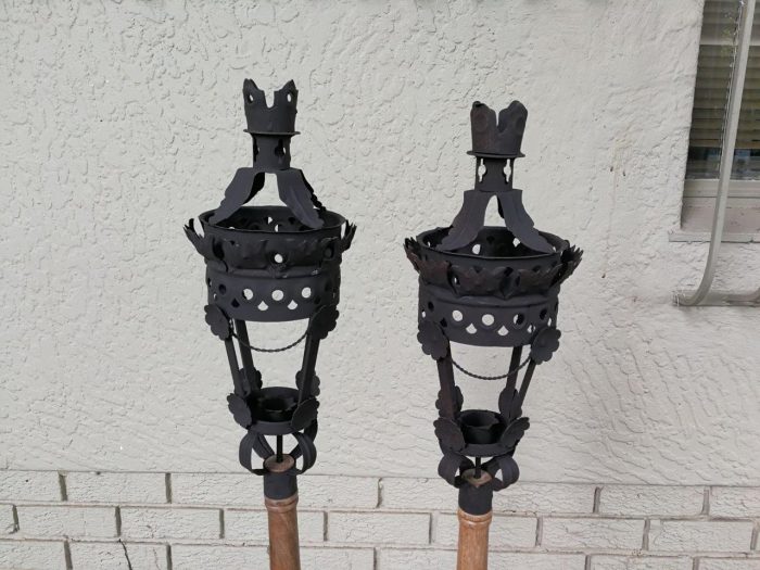 Pair Black French Wrought Iron Candle Lantern On Wooden Stake - Image 4