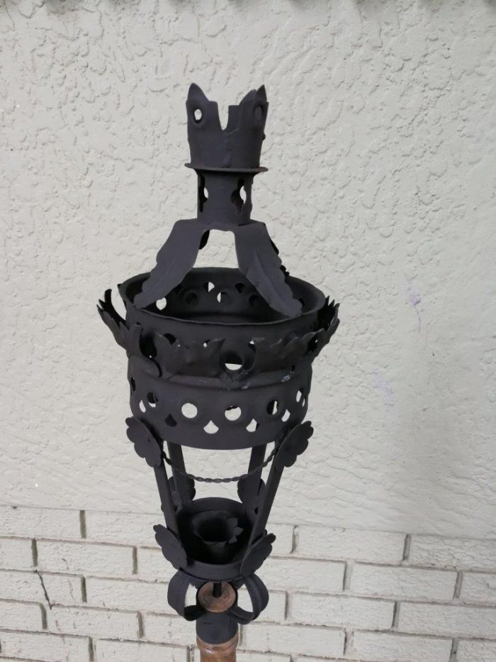 Pair Black French Wrought Iron Candle Lantern On Wooden Stake - Image 5