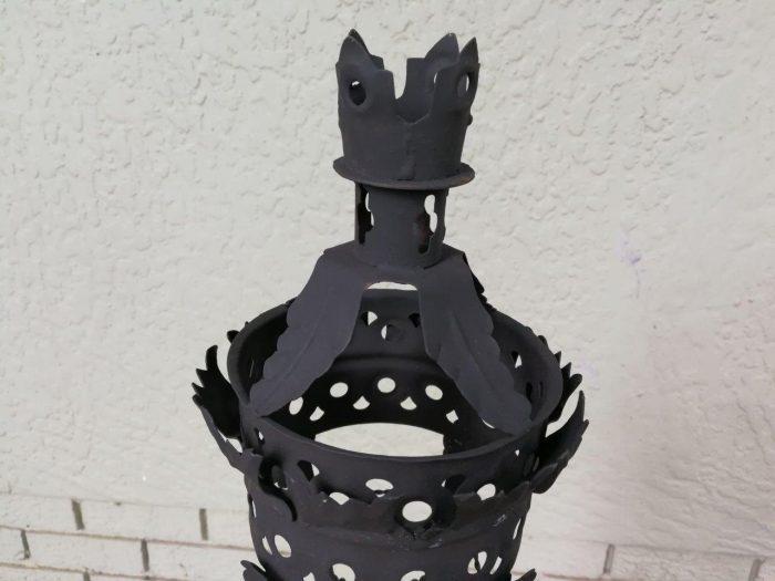 Pair Black French Wrought Iron Candle Lantern On Wooden Stake - Image 6