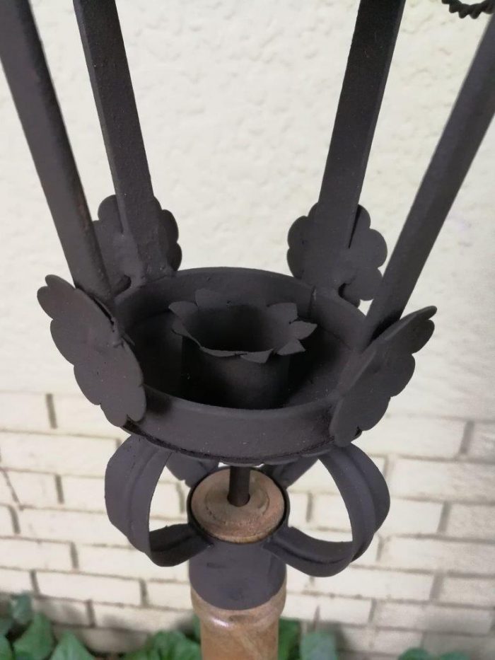 Pair Black French Wrought Iron Candle Lantern On Wooden Stake - Image 7
