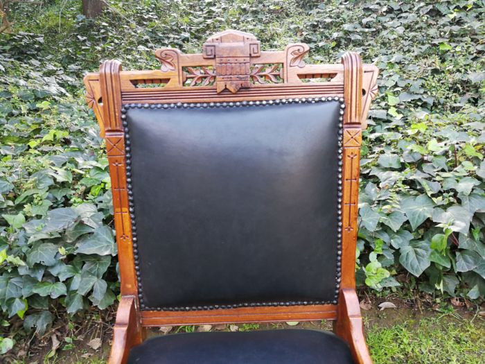 A Late 19th Century Pair of Victorian Carved Walnut Chairs Upholstered in Leather on Casters - Image 6