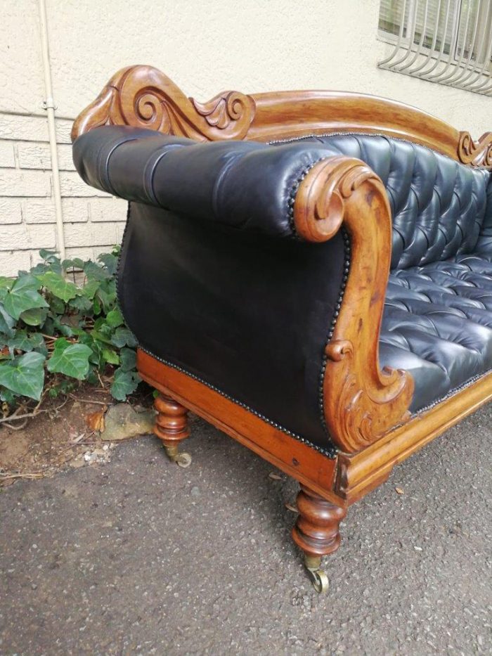 Victorian Mahogany Settee Upholstered In Deep-Buttoned Leather. Original Porcelain Casters - Image 4