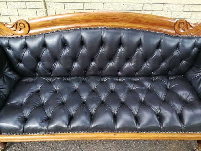Victorian Mahogany Settee Upholstered In Deep-Buttoned Leather. Original Porcelain Casters - Image 5