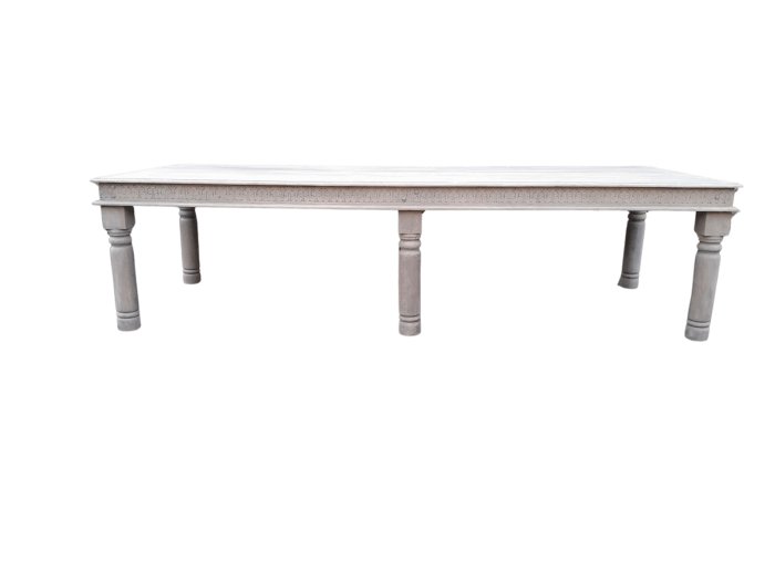 A Mahogany English Ornately Carved 12 Seater Dining / Boardroom Table on Turned 6 Legs in A Contemporary Bleached Finish