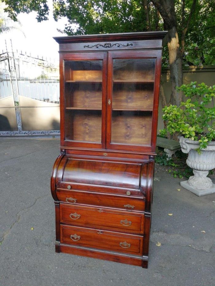 Victorian Mahogany Cylinder Top Secretaire Bookcase - Image 2
