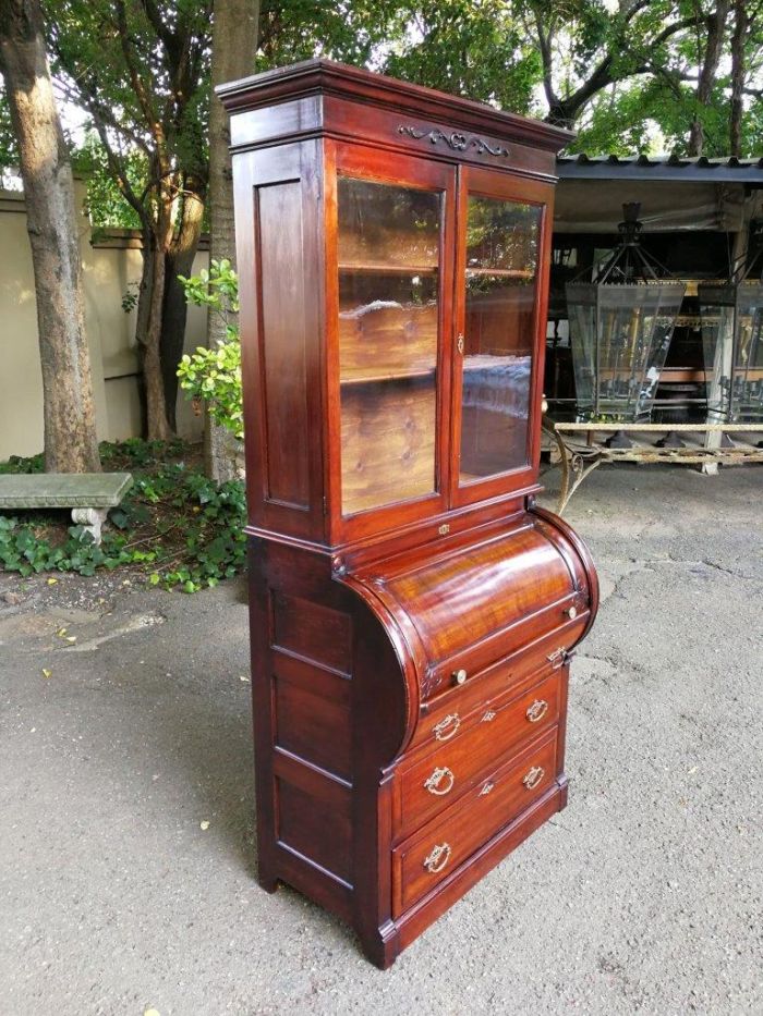 Victorian Mahogany Cylinder Top Secretaire Bookcase - Image 4