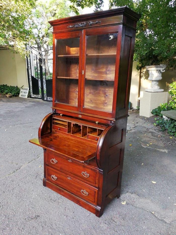 Victorian Mahogany Cylinder Top Secretaire Bookcase - Image 7