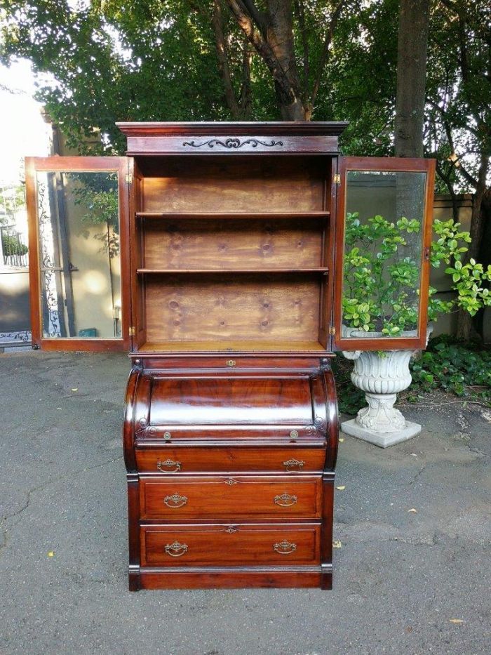 Victorian Mahogany Cylinder Top Secretaire Bookcase - Image 8