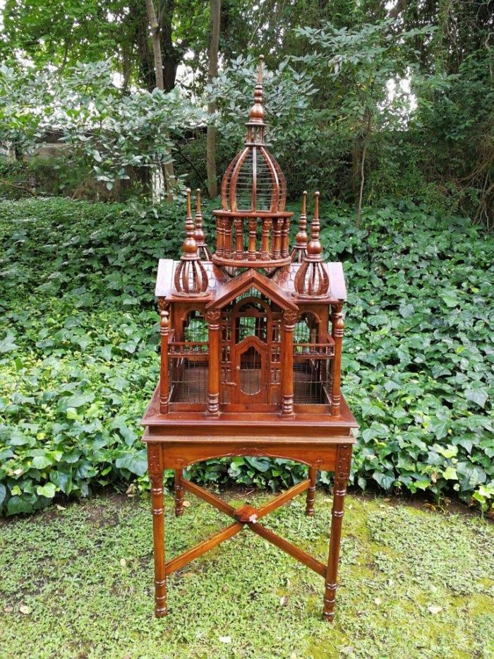 A 20th Century French Carved Mahogany and Walnut Victorian Cathedral Style Birdcage on Stand - Image 2