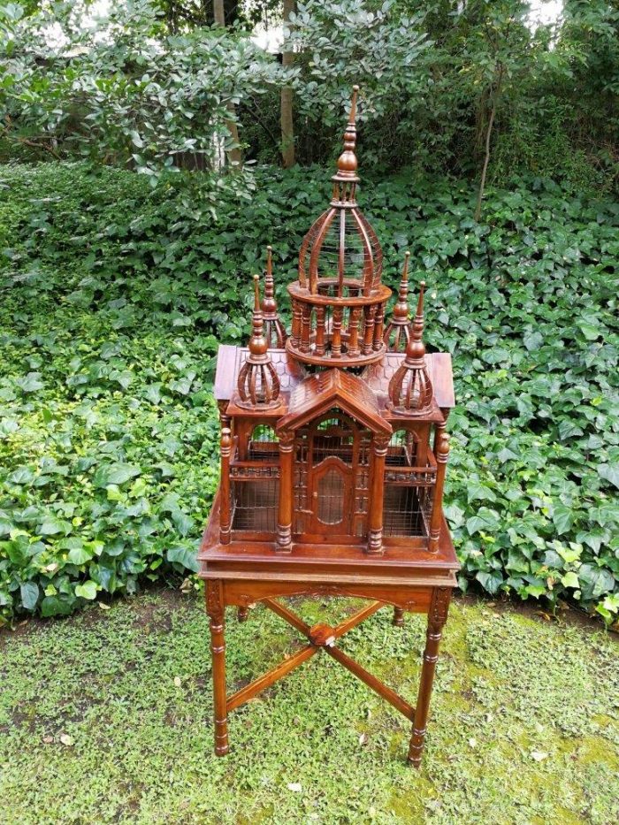 A 20th Century French Carved Mahogany and Walnut Victorian Cathedral Style Birdcage on Stand - Image 3