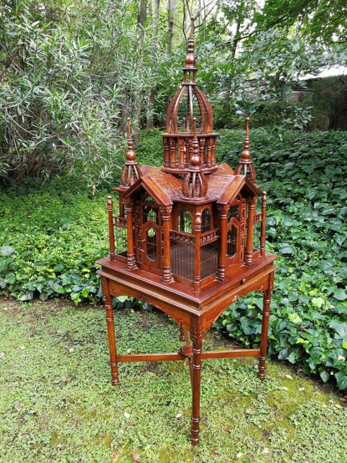 A 20th Century French Carved Mahogany and Walnut Victorian Cathedral Style Birdcage on Stand - Image 4
