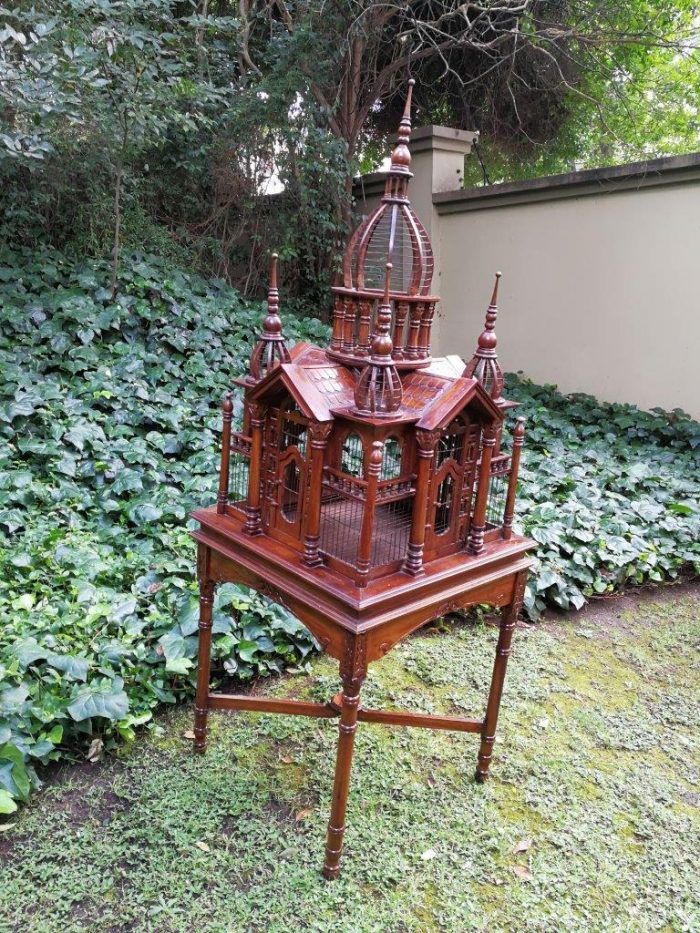 A 20th Century French Carved Mahogany and Walnut Victorian Cathedral Style Birdcage on Stand - Image 5
