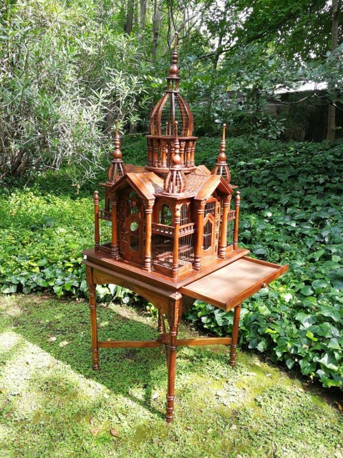 A 20th Century French Carved Mahogany and Walnut Victorian Cathedral Style Birdcage on Stand - Image 9