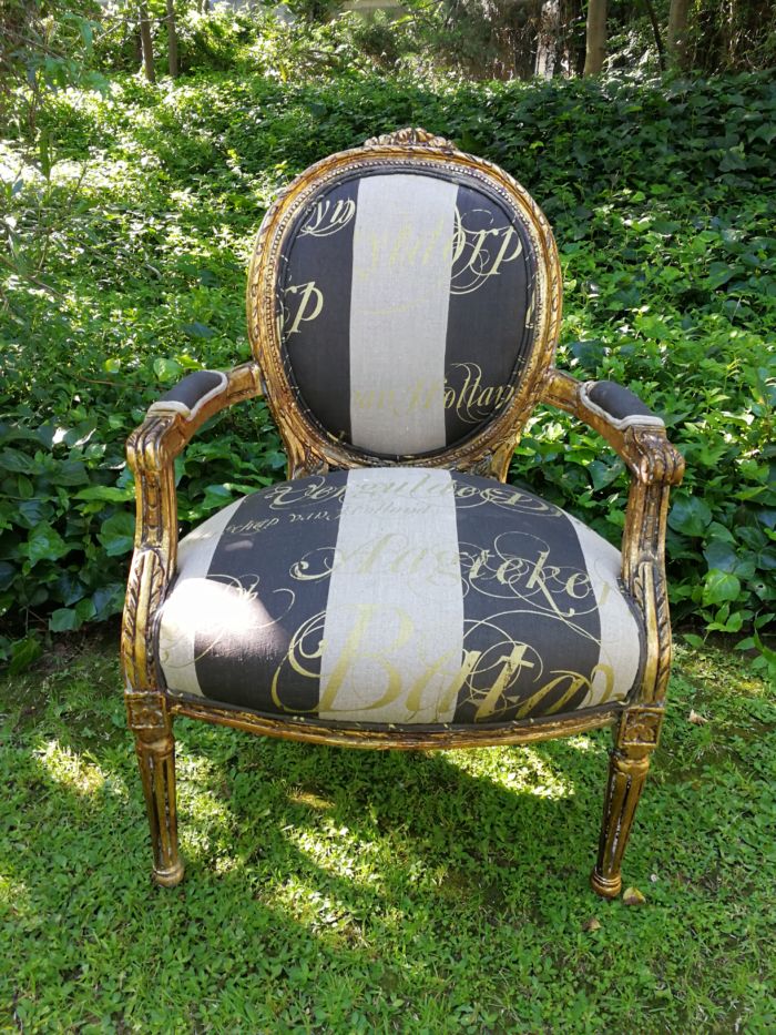 A Pair of French Style Arm Chairs Hand Gilded With Gold Leaf And Upholstered In an Imported Script Fabric - Image 6