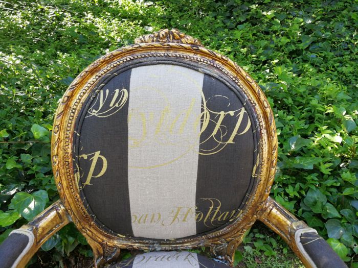 A Pair of French Style Arm Chairs Hand Gilded With Gold Leaf And Upholstered In an Imported Script Fabric - Image 7