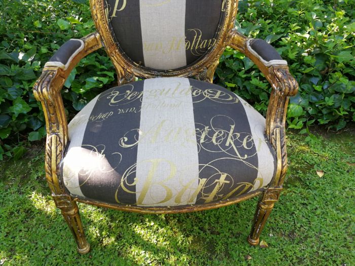 A Pair of French Style Arm Chairs Hand Gilded With Gold Leaf And Upholstered In an Imported Script Fabric - Image 8