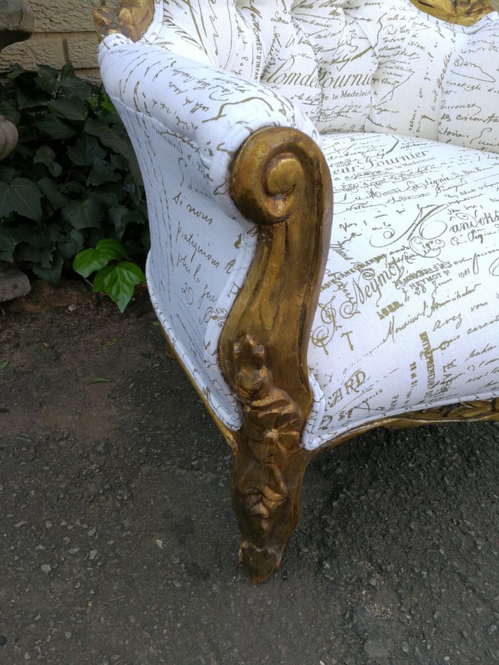 A Pair Of French Baroque Ornately Carved Gilded Arm Chairs Upholstered in an Exclusive and Custom-made Hand Printed Imported Linen for The Crown Collection - Image 10