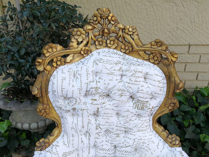 A Pair Of French Baroque Ornately Carved Gilded Arm Chairs Upholstered in an Exclusive and Custom-made Hand Printed Imported Linen for The Crown Collection - Image 8