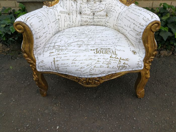 A Pair Of French Baroque Ornately Carved Gilded Arm Chairs Upholstered in an Exclusive and Custom-made Hand Printed Imported Linen for The Crown Collection - Image 9