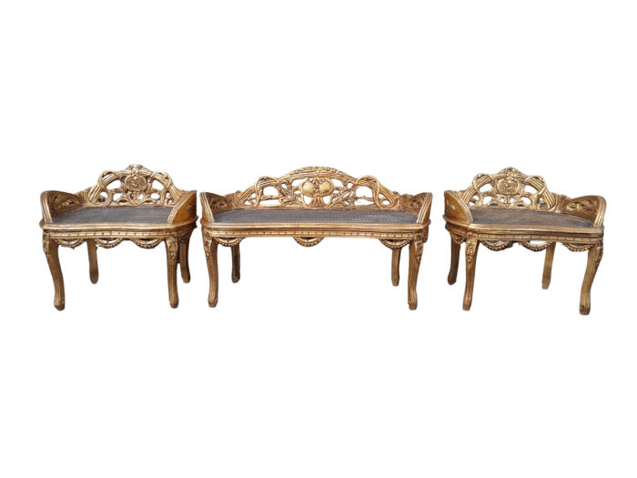 A French Style Set Of Carved and Hand-Gilded Rattan Settee With Two Chairs
