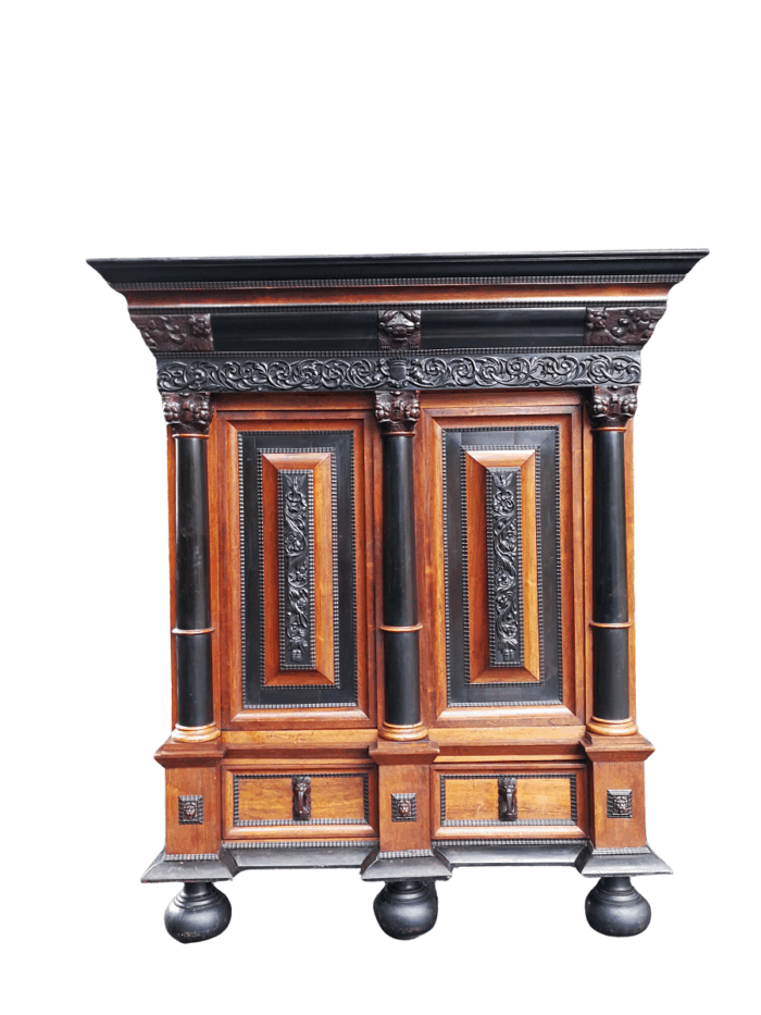 A 19th Century Dutch Heavily Carved Oak and Ebony Kussingkast / Cupboard on Bun Feet  (Useful for TV or pillows and duvets)