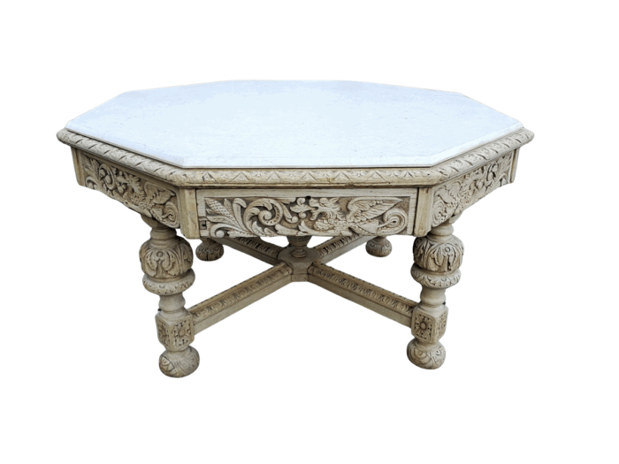 19th Century carved oak octagonal table with five drawers on bun feet