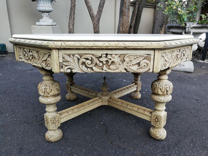 19th Century carved oak octagonal table with five drawers on bun feet - Image 9