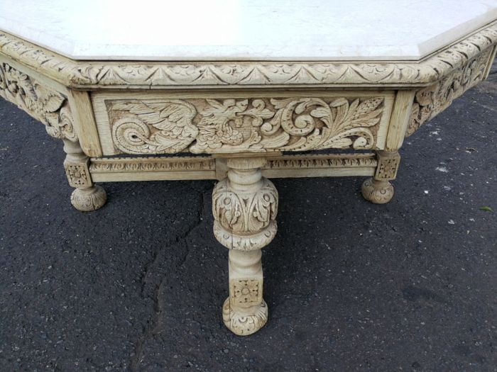 19th Century carved oak octagonal table with five drawers on bun feet - Image 8