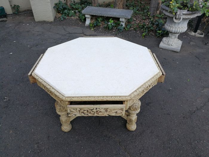 19th Century carved oak octagonal table with five drawers on bun feet - Image 5