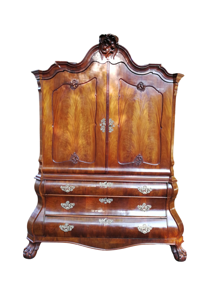 An 18th century (circa 1770) Dutch mahogany cabinet on bombe base/armoire with the original brass handles and lock plates