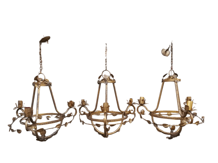Set of three hanging gilt-metal chandeliers for candles ND