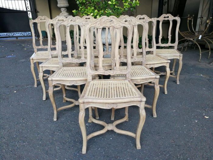 A Set Of Ten Antique French Provincial Carved Bleached / Natural Oak Dining Chairs With Rattan Seats.  Circa 1860-1900’s - Image 2