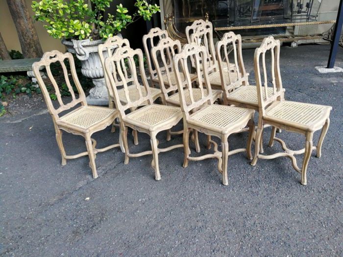 A Set Of Ten Antique French Provincial Carved Bleached / Natural Oak Dining Chairs With Rattan Seats.  Circa 1860-1900’s - Image 3