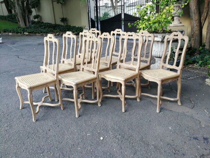 A Set Of Ten Antique French Provincial Carved Bleached / Natural Oak Dining Chairs With Rattan Seats.  Circa 1860-1900’s - Image 4