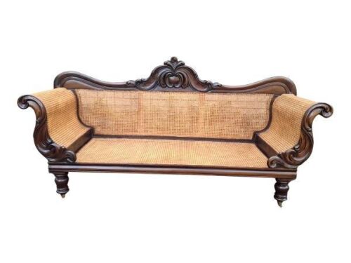 A Cape Mahogany And Upholstered Settee With Brass Feet And Brass Castors