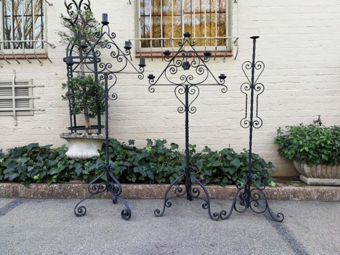 A Set Of Three Vintage Floor Standing Wrought Iron Candelabras