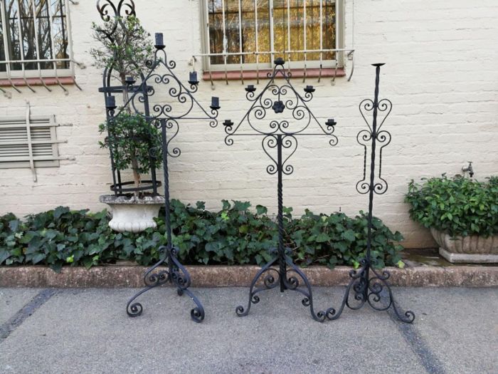 A Set Of Three Vintage Floor Standing Wrought Iron Candelabras - Image 2