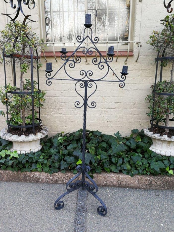 A Set Of Three Vintage Floor Standing Wrought Iron Candelabras - Image 4