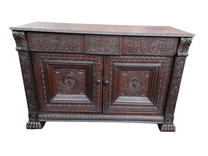 An Antique 19th Century Gothic Revival Carved Oak Drinks Table / Server with Cream Marble