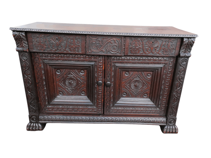 An Antique 19th Century Gothic Revival Carved Oak Drinks Table / Server with Cream Marble