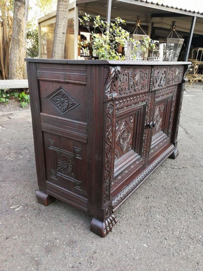 An Antique 19th Century Gothic Revival Carved Oak Drinks Table / Server with Cream Marble - Image 5