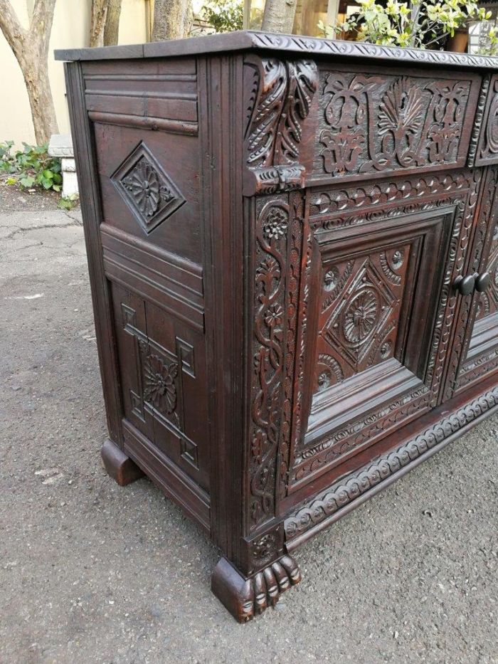 An Antique 19th Century Gothic Revival Carved Oak Drinks Table / Server with Cream Marble - Image 6
