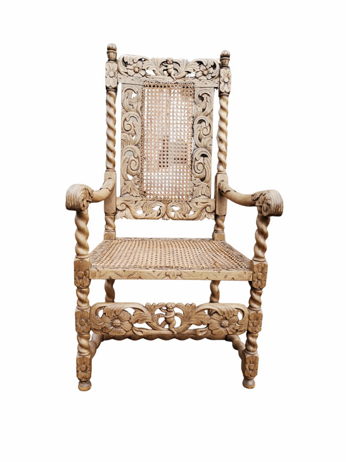 An English Caved and Bleached / Natural Wood Finish Wooden Armchair