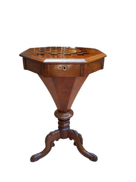 A Victorian Octagonal Walnut & Veneer Pedestal Games Table