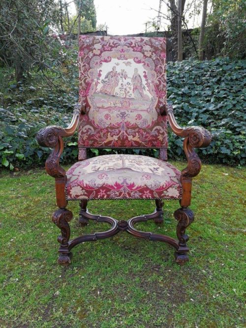 A 19th Century Walnut Louis Fourteenth Style Chair Elaborately Carved And With A Splendid Original Gross Point Upholstery In Mint Condition. Chair And Embroidery Nd