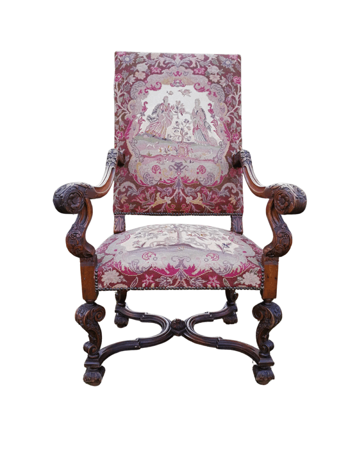 A 19th Century Walnut Louis Fourteenth Style Chair Elaborately Carved And With A Splendid Original Gross Point Upholstery In Mint Condition. Chair And Embroidery  Nd
